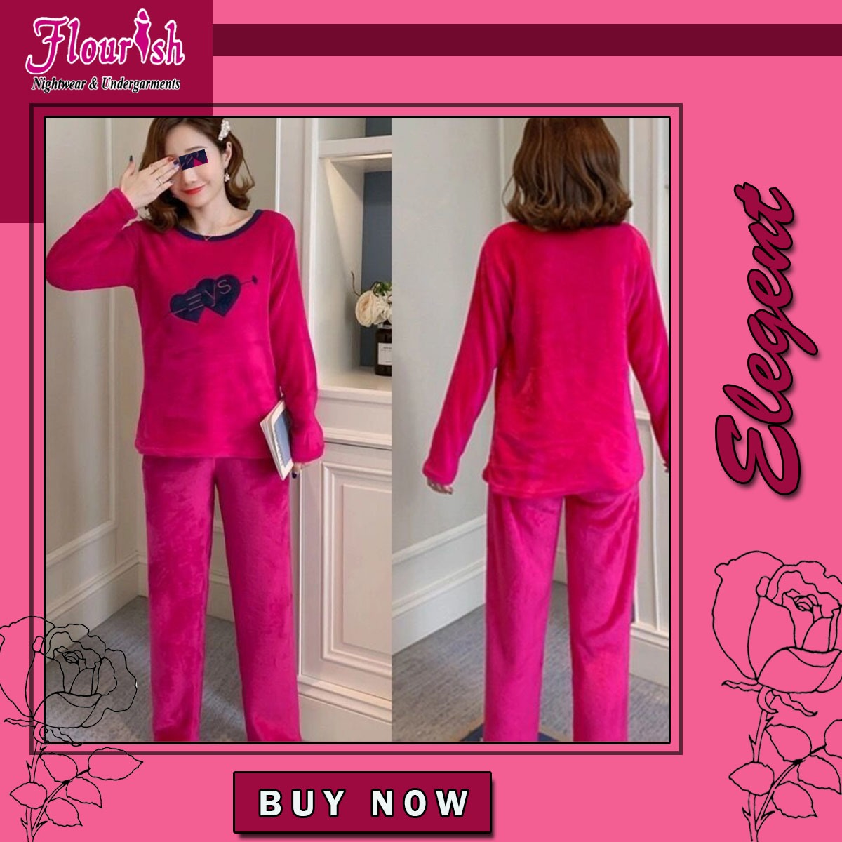 Flourish Fleece Winter Pajama Set – Hot Pink Cozy Hearts Edition