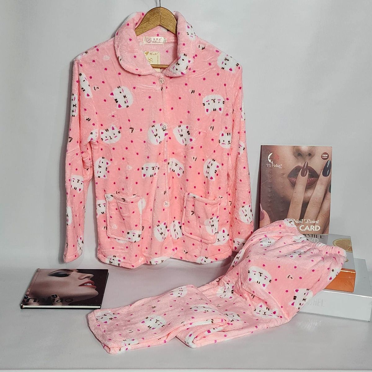 Flourish Fleece Button-Up Winter Pajama Set – Baby Pink Kitty Print Edition