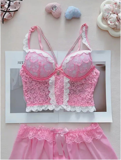Flourish Pink Lace Corset Bra Set – Elegant Wired Bustier with Matching Lace Skirt & Panty