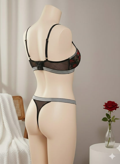 Flourish Non-Padded Bra & Panty Set – Midnight Kiss Sheer Mesh (Black with Red Lip Embroidery)
