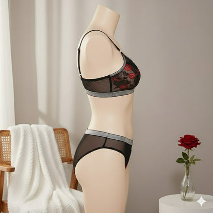 Flourish Non-Padded Bra & Panty Set – Midnight Kiss Sheer Mesh (Black with Red Lip Embroidery)