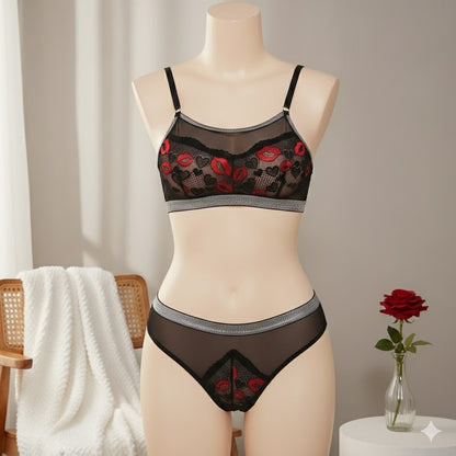 Flourish Non-Padded Bra & Panty Set – Midnight Kiss Sheer Mesh (Black with Red Lip Embroidery)