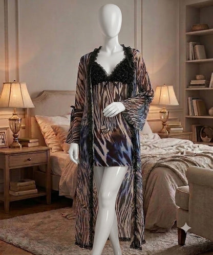 Sapphire Zebra Sheer Long Robe & Slip Dress Set
