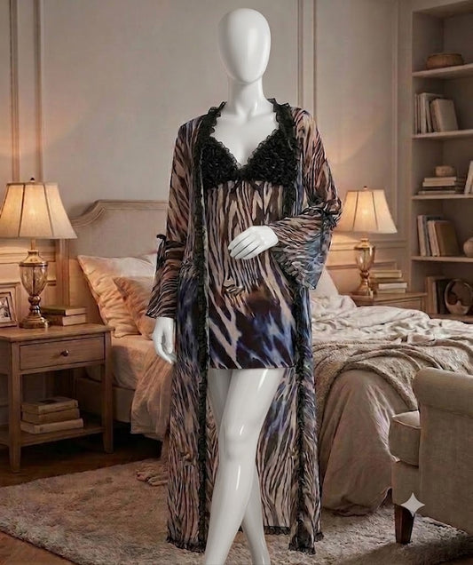 Sapphire Zebra Sheer Long Robe & Slip Dress Set