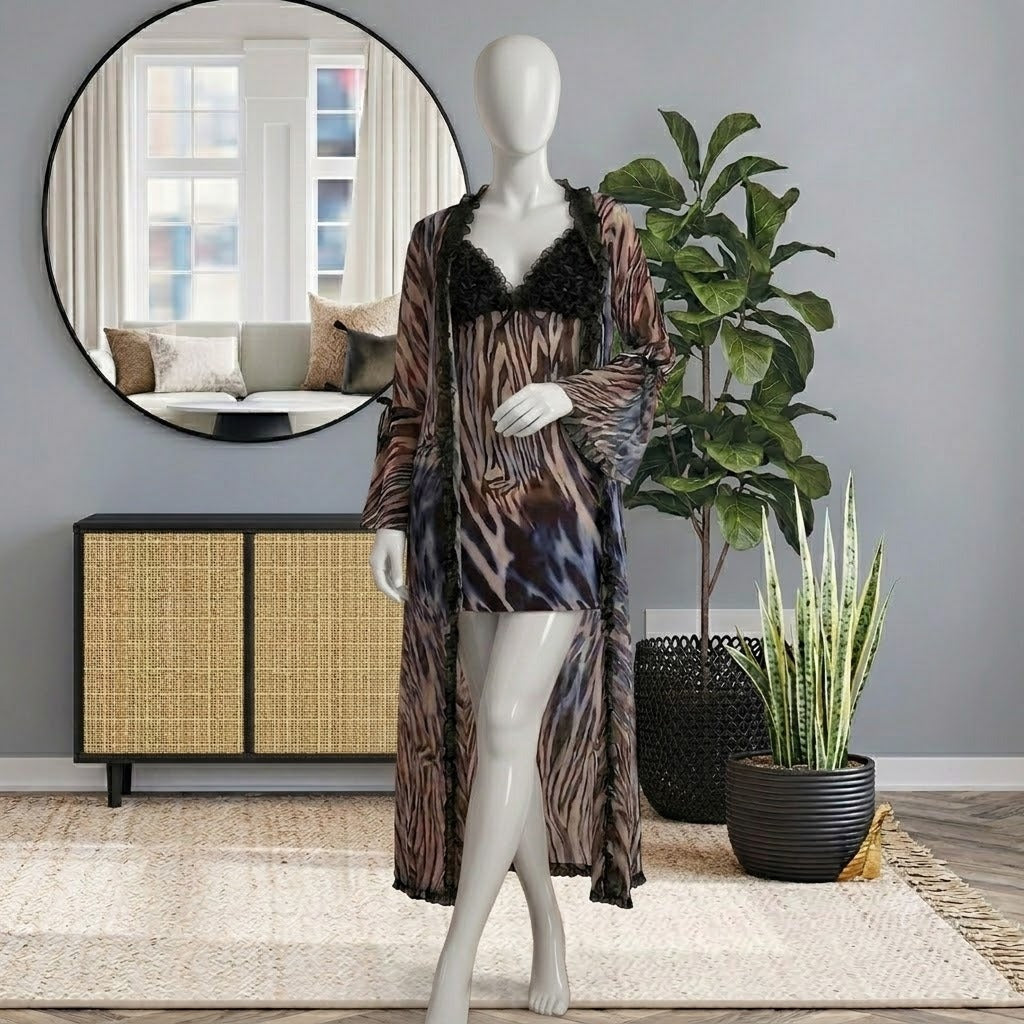Sapphire Zebra Sheer Long Robe & Slip Dress Set