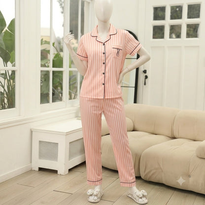 Women's Striped Button-Down Night Suit – Soft Imported Fabric Half Sleeve Pajama Set | 2 Piece Sleepwear 352-35