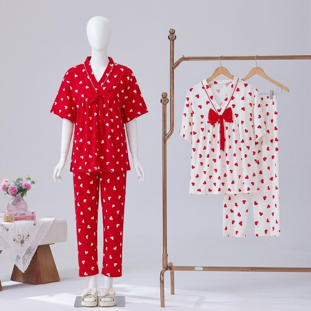 Flourish Minimalist Heart Print Pajama Set - Soft White