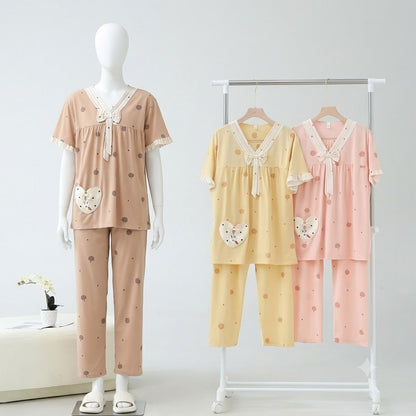 Women's Round Neck Short Sleeve Ruffle Trim Solid Color Nightwear Pajamas - Soft & Comfortable