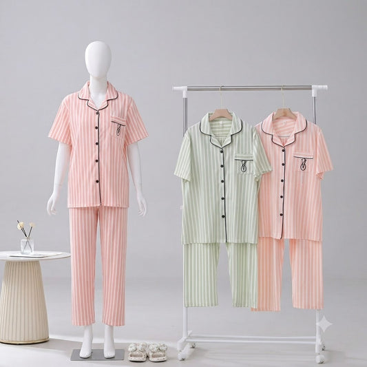 Women's Striped Button-Down Night Suit – Soft Imported Fabric Half Sleeve Pajama Set | 2 Piece Sleepwear 352-35