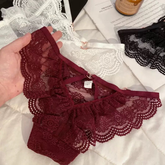 Pack Of 3 Women's Elegant Floral Lace Panty with Ruffle Frill Detailing, Soft Sheer Lace Fabric, Stylish Feminine Design, Comfortable Ladies Underwear & Beautiful Delicate Lingerie 351