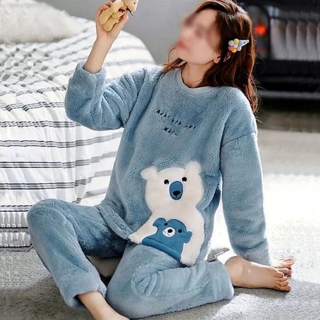 Flourish New Winter Korean Flannel Women Pajamas Set O-Neck Velvet Warm Pajama Set