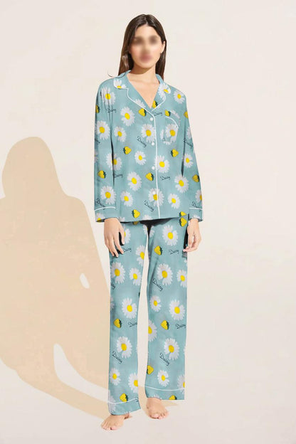 Flourish Floral Sun Flower Linen Pajamas Sets With Free Scrunchie Sleepwear Two Pieces Set