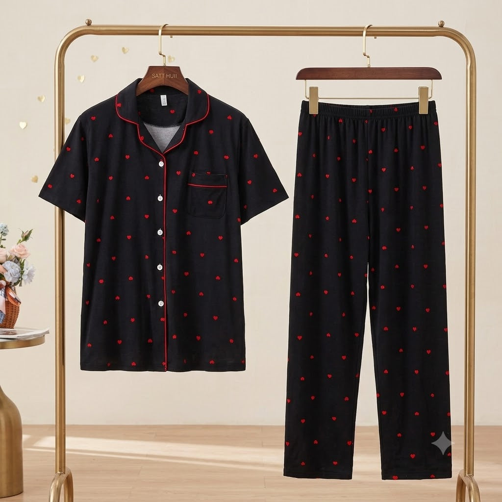 Women's Printed Button-Down Night Suit – Soft & Comfortable Cotton Pajama Set 352-9