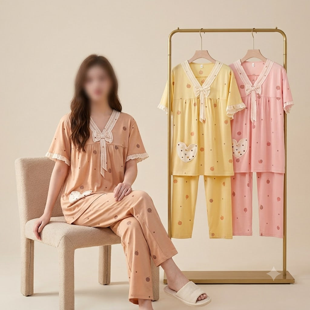 Women's Round Neck Short Sleeve Ruffle Trim Solid Color Nightwear Pajamas - Soft & Comfortable 319-57