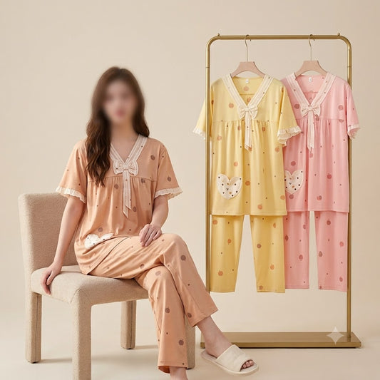 Women's Round Neck Short Sleeve Ruffle Trim Solid Color Nightwear Pajamas - Soft & Comfortable 319-57