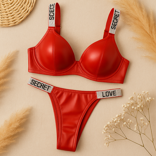 Flourish Black Faux Leather Padded Rimestone Straps Bra & Panty Set – Love Secret Edition 1976