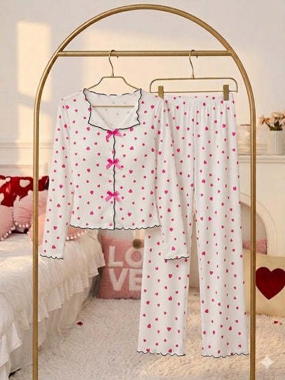 Milky Silk Heart-Print Ribbed Nightwear Set – 2 Piece Pajama Set D0443