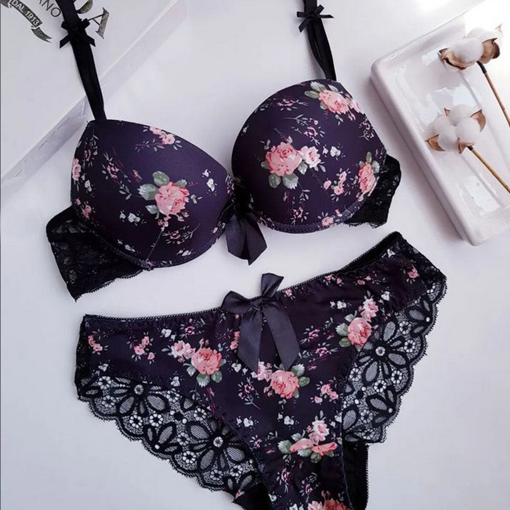 Flourish Delicate Floral Padded Push up Bra & Pantie Set-111