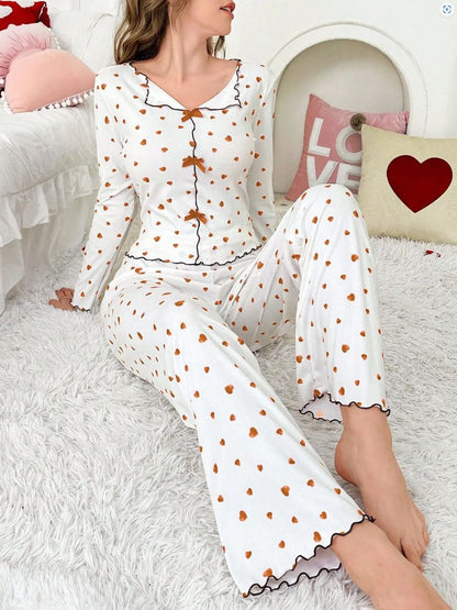 Milky Silk Heart-Print Ribbed Nightwear Set – 2 Piece Pajama Set D0443