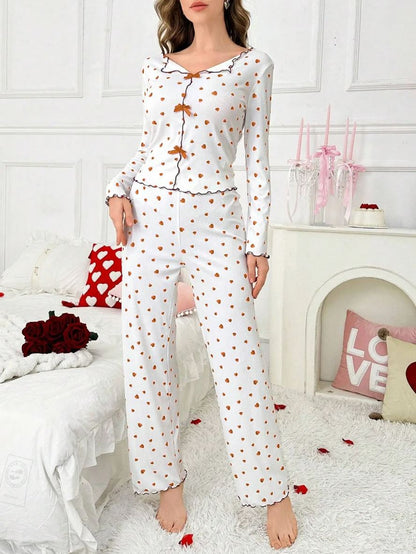 Milky Silk Heart-Print Ribbed Nightwear Set – 2 Piece Pajama Set D0443