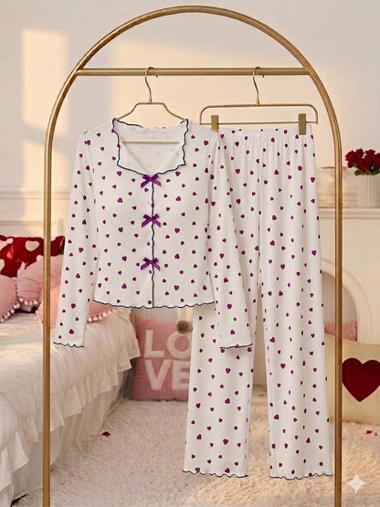 Milky Silk Heart-Print Ribbed Nightwear Set – 2 Piece Pajama Set D0443