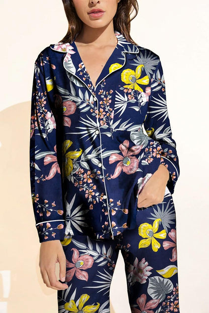 Flourish Floral Flower Printed Linen Pajamas Sets With Free Scrunchie Sleepwear Lingerie Sets Sexy Nighty Two Pieces Set