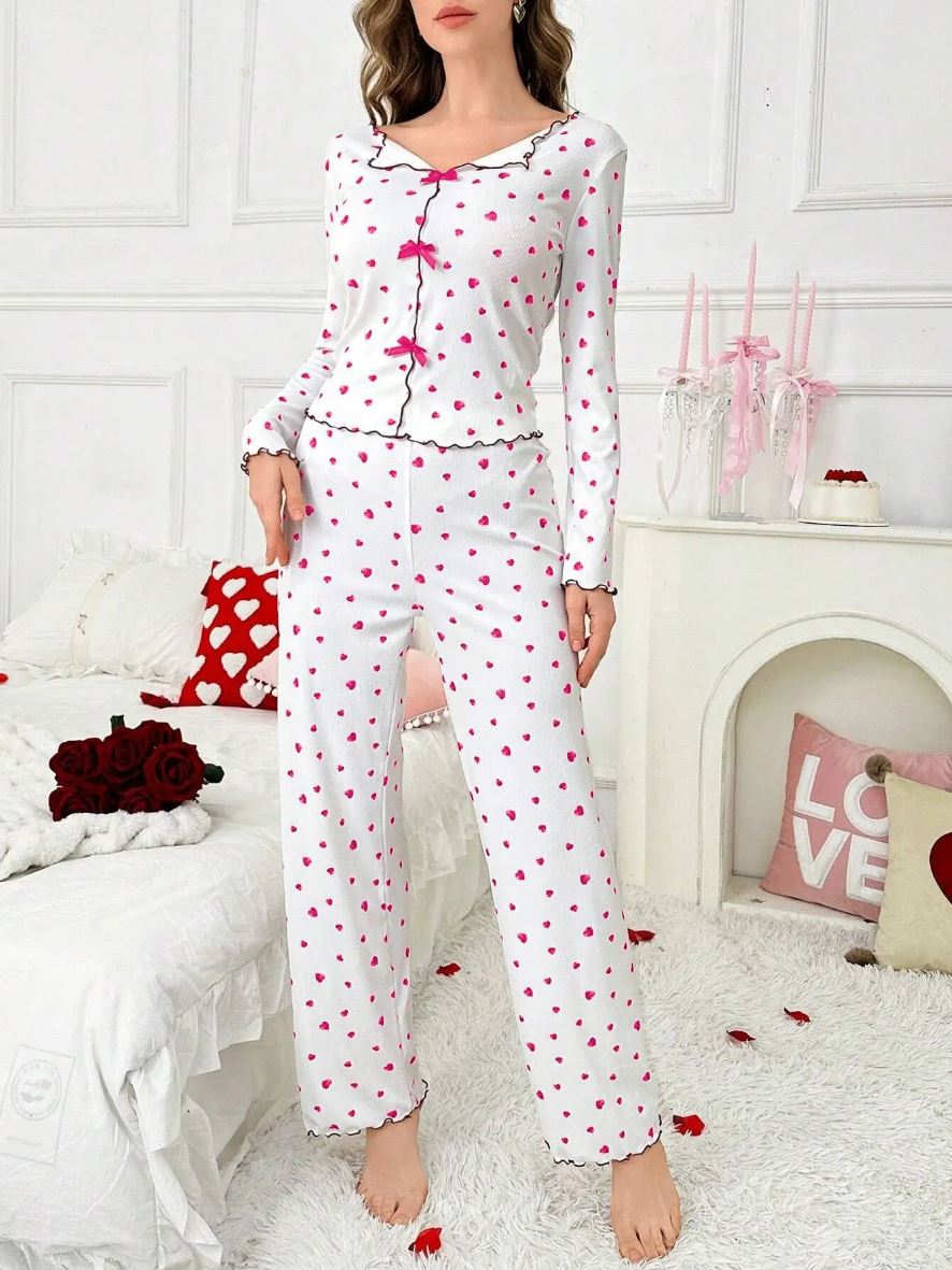 Milky Silk Heart-Print Ribbed Nightwear Set – 2 Piece Pajama Set D0443