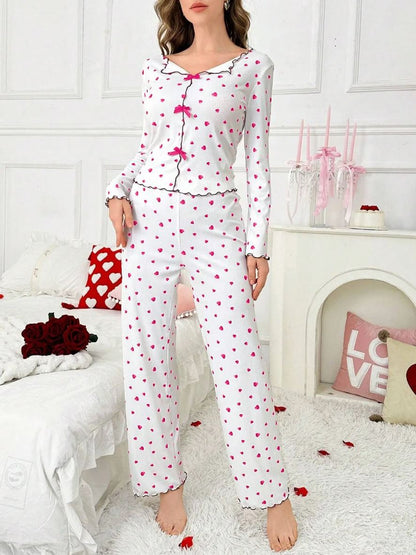 Milky Silk Heart-Print Ribbed Nightwear Set – 2 Piece Pajama Set D0443