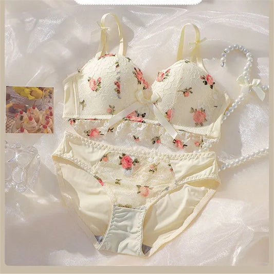 Cute Lace Flower Embroided Adjustable Straps Push Up Bridal Padded Bra and panty 017