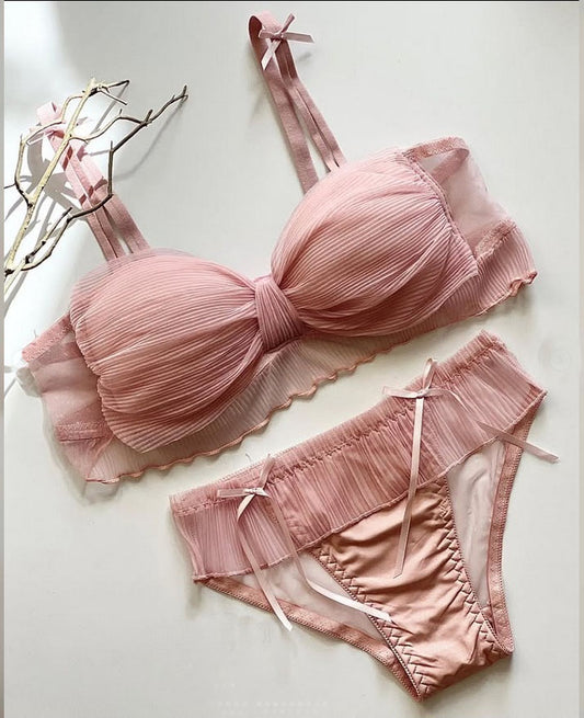 Flourish Cute Lace Bow Style Too Soft & Comfy Adjustable Straps Back Closure Bridal Padded Bra Panty Set