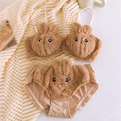 New Japanese Anime Style Plush Bunny Bralette – Cute Fluffy Faux Fur Padded Bra Panty set