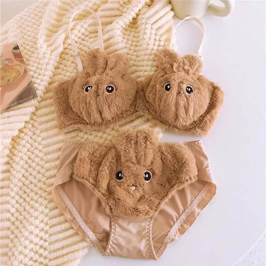 New Japanese Anime Style Plush Bunny Bralette – Cute Fluffy Faux Fur Padded Bra Panty set