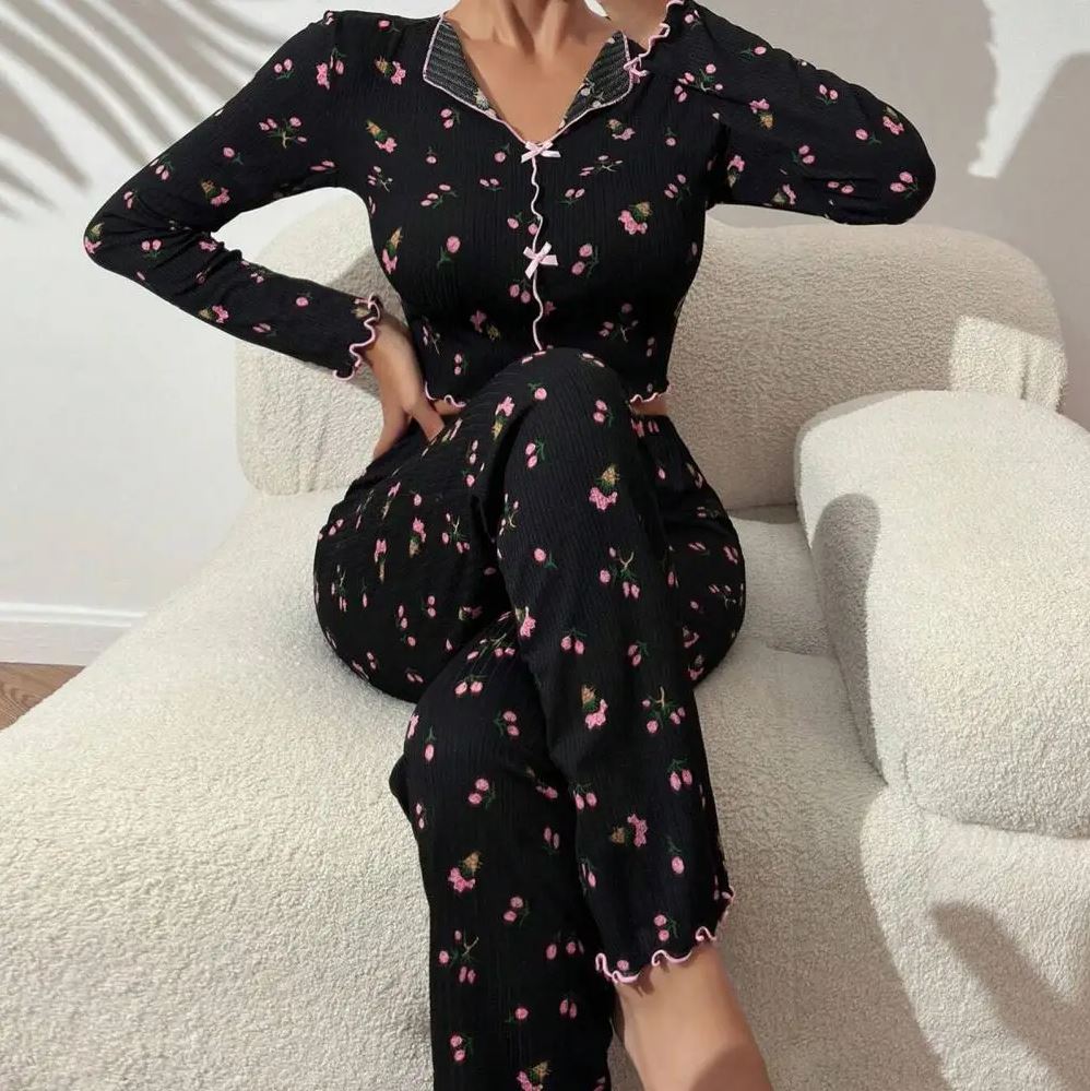 Floral Print Ribbed Imported Pajama Set with Lettuce Trim & Bow Detail C0904