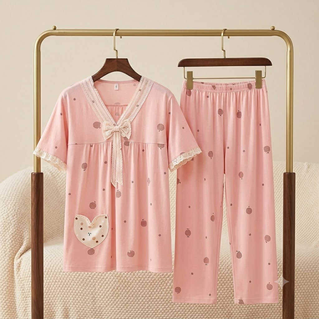 Women's Round Neck Short Sleeve Ruffle Trim Solid Color Nightwear Pajamas - Soft & Comfortable 319-57
