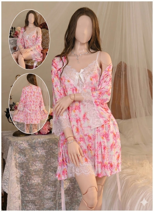 Flourish Floral Lace Luxury Nightwear Set – 2-Piece Satin Robe & Nighty (Art: 2502-5-K)
