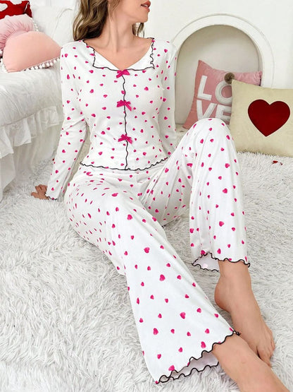 Milky Silk Heart-Print Ribbed Nightwear Set – 2 Piece Pajama Set D0443