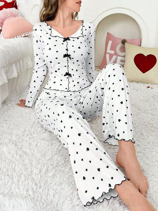Milky Silk Heart-Print Ribbed Nightwear Set – 2 Piece Pajama Set D0443