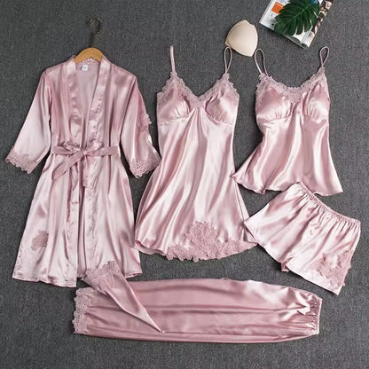 Flourish 5 pcs Non Padded Silk Satin Pajama Set Cami Top Nightgown Sexy Sleepwear Robe Sets Lace Nightdress