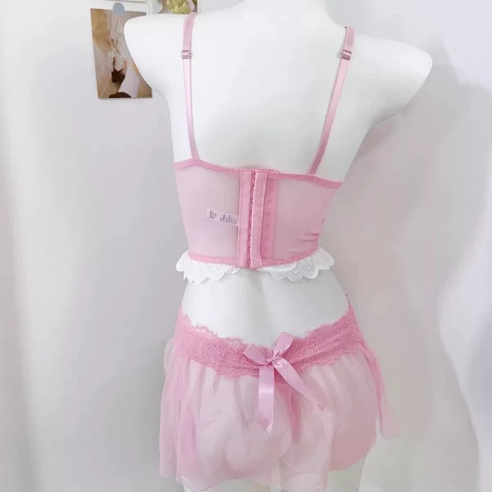 Flourish Pink Lace Corset Bra Set – Elegant Wired Bustier with Matching Lace Skirt & Panty