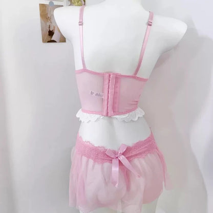 Flourish Pink Lace Corset Bra Set – Elegant Wired Bustier with Matching Lace Skirt & Panty