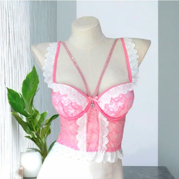 Flourish Pink Lace Corset Bra Set – Elegant Wired Bustier with Matching Lace Skirt & Panty