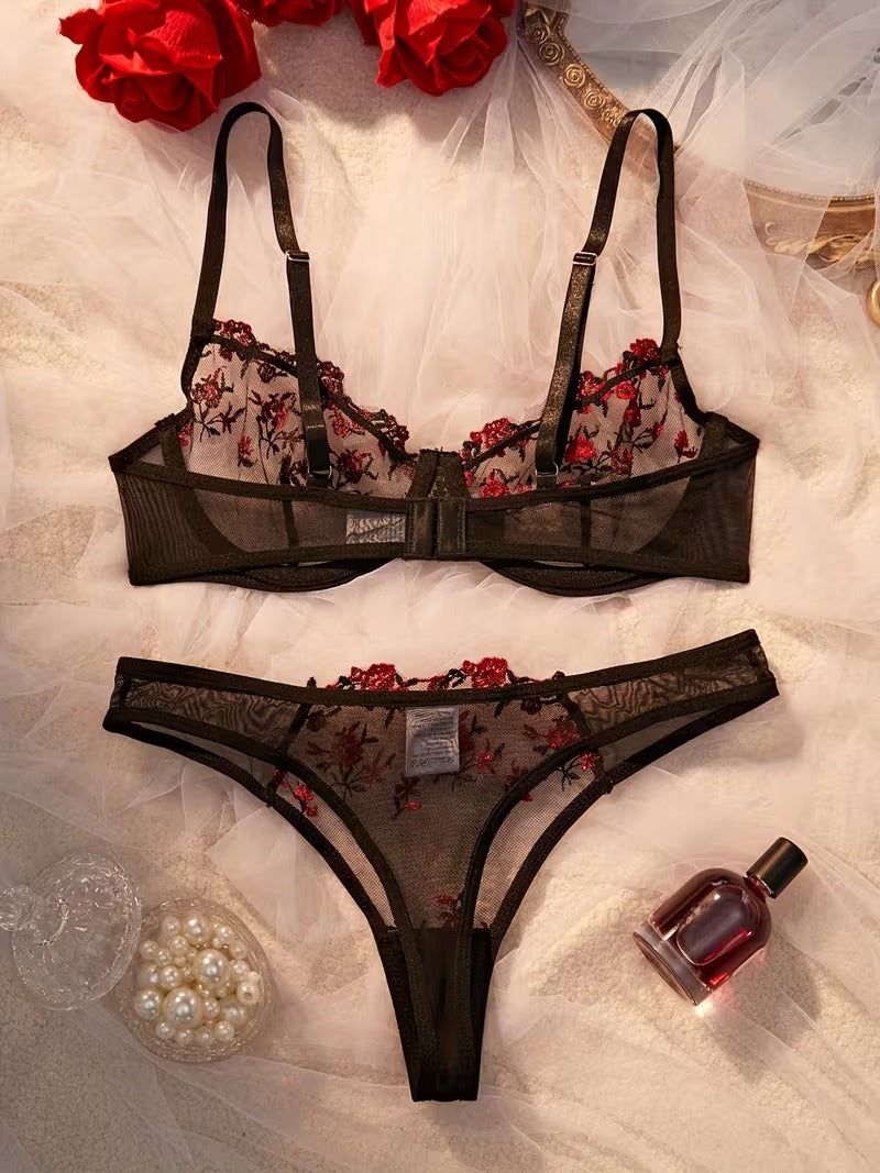 Flourish Sexy Elegant Flower Lace Lingerie Set – Soft Mesh Floral Embroidered Bra & Panty 9987