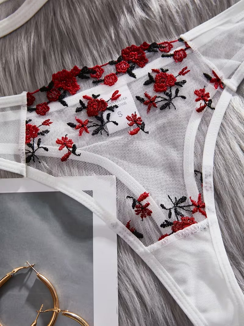 Flourish Sexy Elegant White Flower Lace Lingerie Set – Soft Mesh Floral Embroidered Bra & Panty