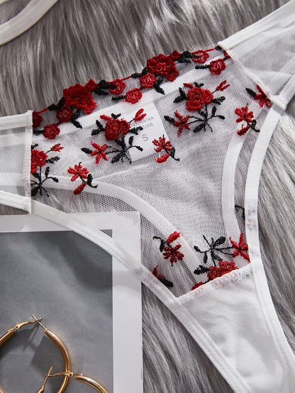 Flourish Sexy Elegant White Flower Lace Lingerie Set – Soft Mesh Floral Embroidered Bra & Panty
