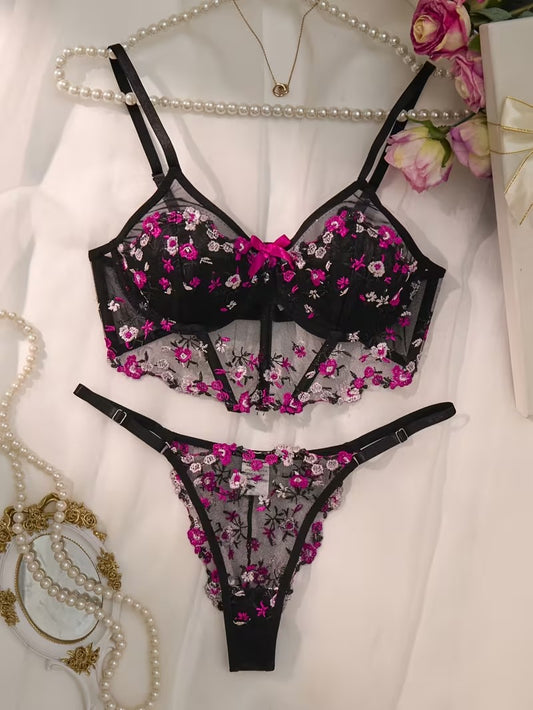 Flourish Midnight Bloom Luxury Non-Padded Wired Floral Embroidered Lace Lingerie Set – Sheer Mesh, New Romantic Design with Matching Thong