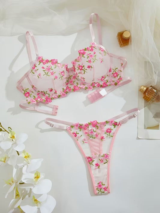 Flourish Non-Padded Floral Wired Bra & Panty Set – Blossom Charm Pink Embroidered Sheer Lingerie