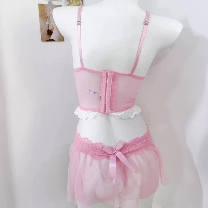 Flourish Pink Lace Corset Bra Set – Elegant Wired Bustier with Matching Lace Skirt & Panty