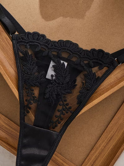 Flourish Sexy Elegant Flower Lace Lingerie Set Women's Halloween Costume  Sexy Black Floral Embroidered Lingerie Set, Semi-Sheer Underwire Bra and Adjustable Thong 6066