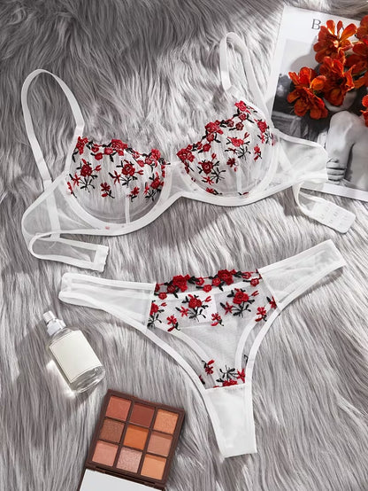 Flourish Sexy Elegant White Flower Lace Lingerie Set – Soft Mesh Floral Embroidered Bra & Panty