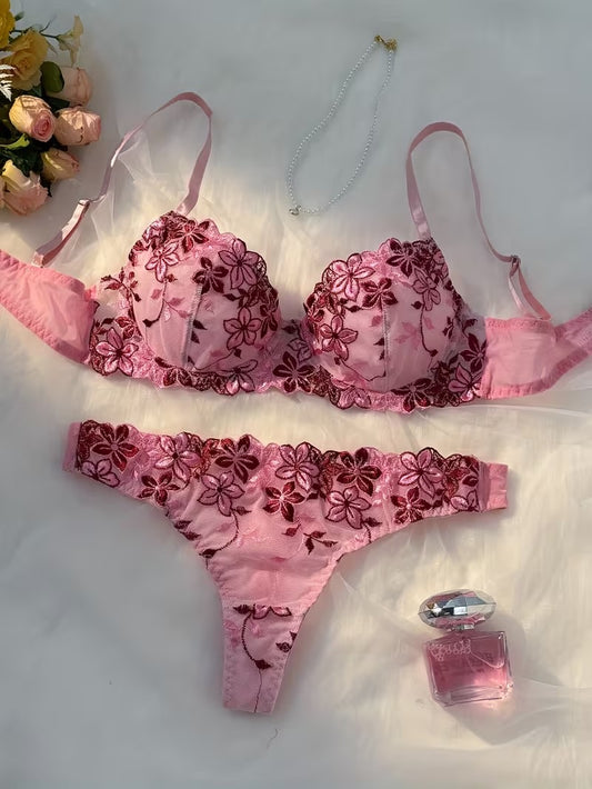 Flourish New Style Sexy Elegant Red Flower Lace Lingerie Set  Non Padded Wired bra  – Soft Mesh Floral Embroidered Bra & Panty MSL402